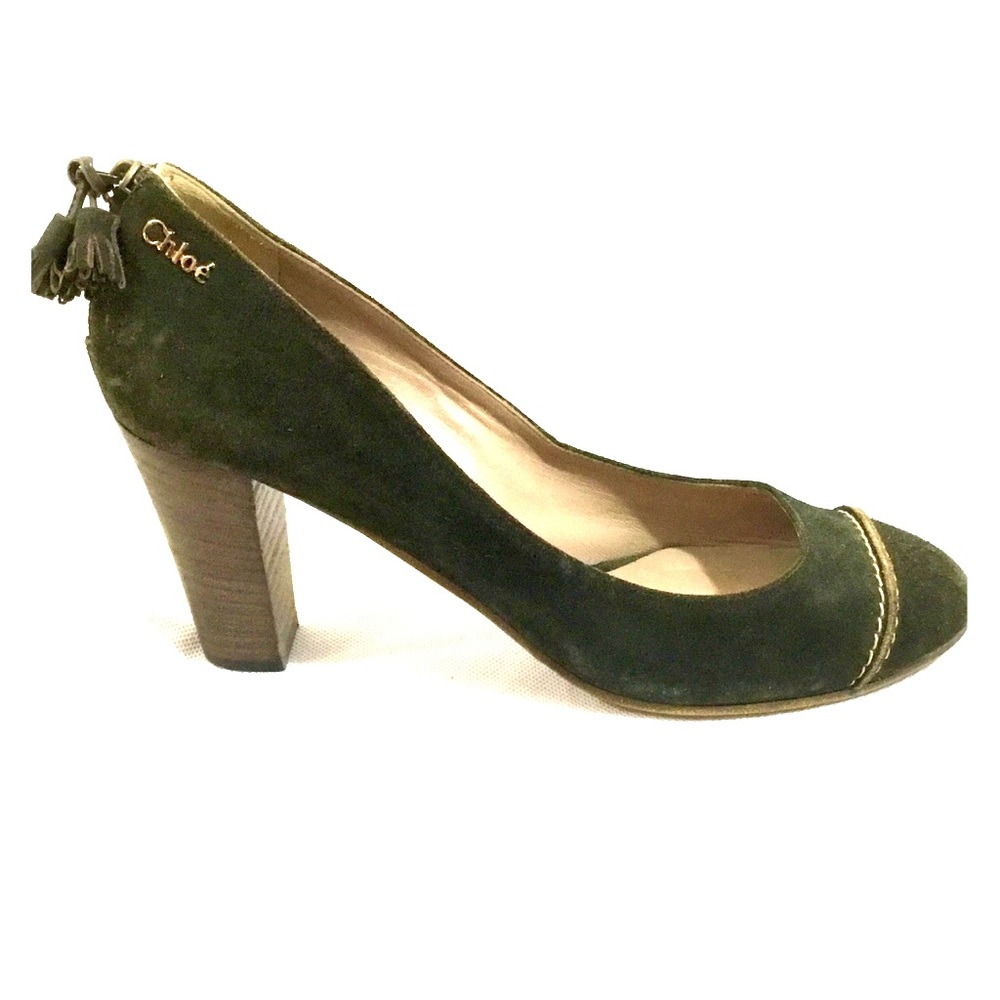 Chloe Olive Taupe Suede Pumps Tassel Zipper 38 1/2